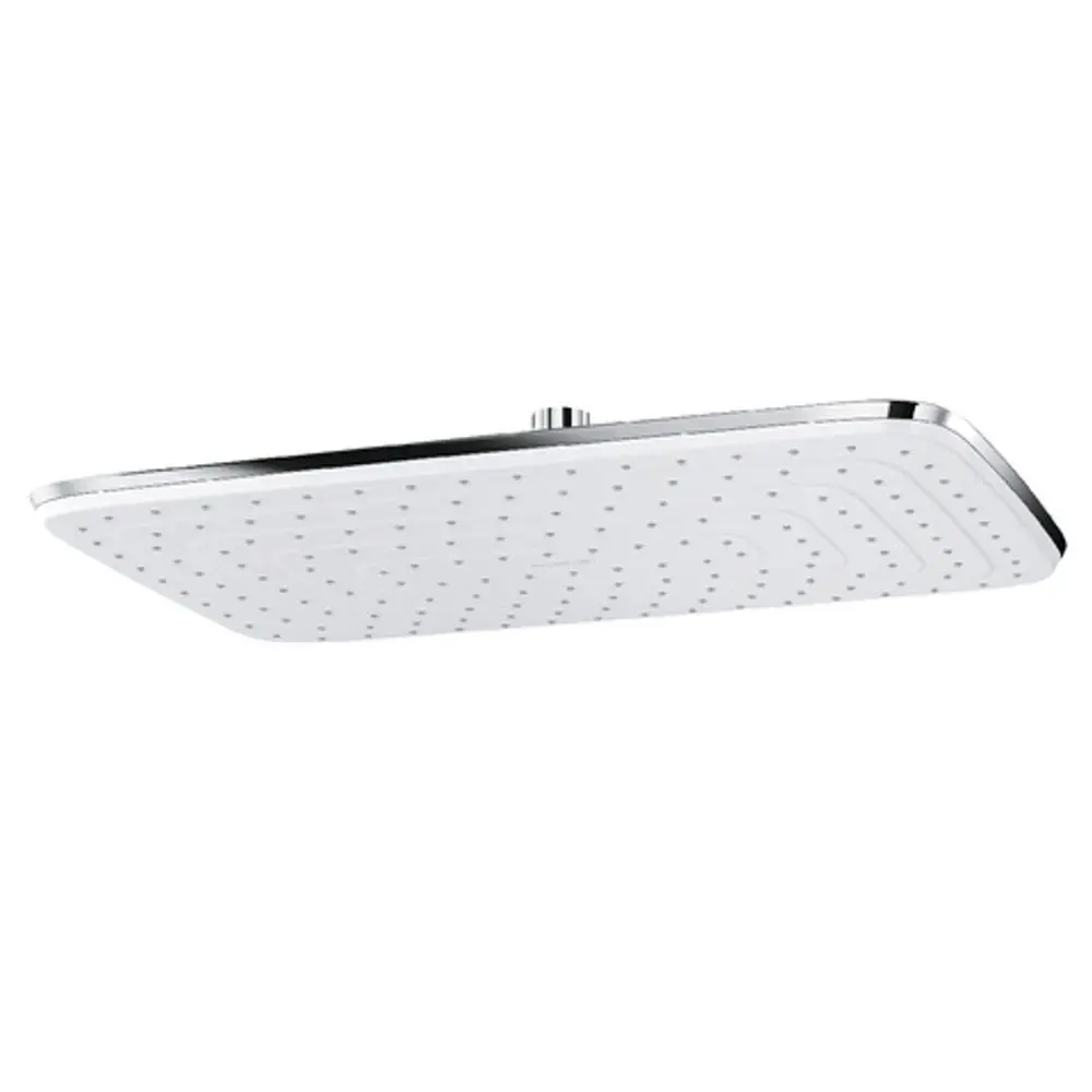 Kopfbrause von Kludi in rechteckiger Form mit einem glatten, weißen Kopfteil und chromfarbenem Rand. Die Oberfläche hat zahlreiche gleichmäßige Düsen.